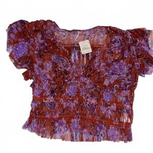 Free people floral sheer ruffle crop top